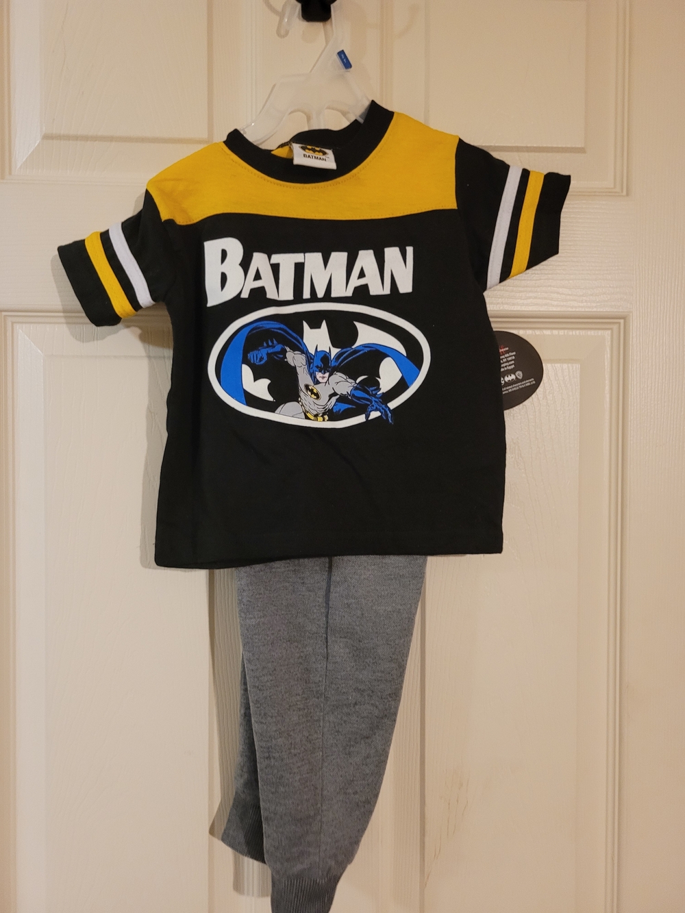 Batman Toddler Boys Matching Set Black and Yellow Top with Gray Pants
